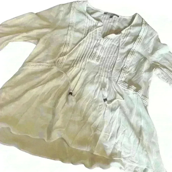 Daniel Rainn White Blouse Pin-tuck Bodice Tassel Tie Font Lace Trim Size Large​ - Picture 5 of 6